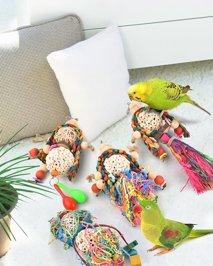 Bissap Conure Toys, 4 PCS Bird Parrot Foraging Shredder Hanging Toys Sola Balls with Sand Hammer for Small Parrots Parakeets Conures Cockatiels Love Birds Cage Toy