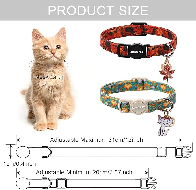 ARING PET 2 Pack Cat Collars, Breakaway Cotton Fall Halloween Kitten Collar with Bells for Girl Boy Cats Pumpkin & Autumn Leaf