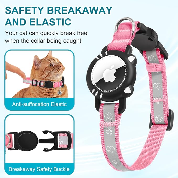 Airtag Cat Collar, Reflective Cat Collar with Apple Air Tag Holder, Breakaway GPS Tracker Pet Collar with Bell for Cat Kitten, Airtag Not Included, Pink, XS(7-9 Inch)