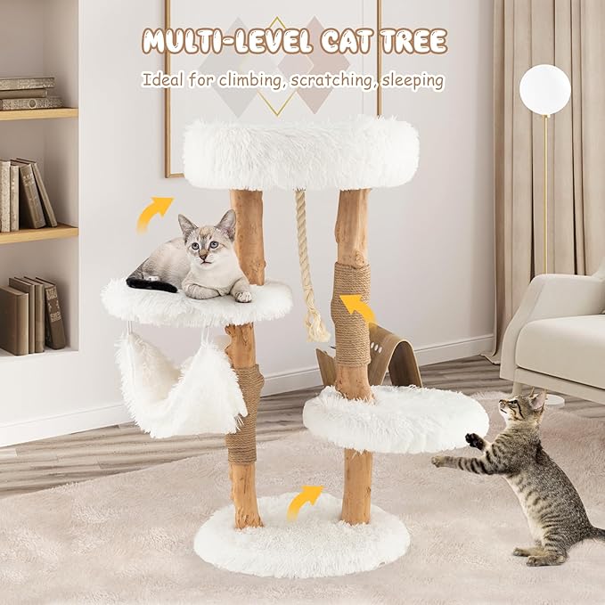 Tangkula Cat Tree Tower, Solid Wood Modern Cat Tower with Cozy Top Perch, 2 Platforms & 1 Hammock, Natural Branch Cute Cat Tree with Scratching Posts & Sisal Rope for Indoor Cats
