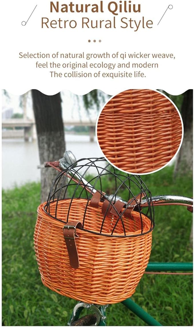 Wicker Bike Basket for Small Dogs Cats Pet Carrier Front Basket with Wire Mesh Cover (Wood Color)