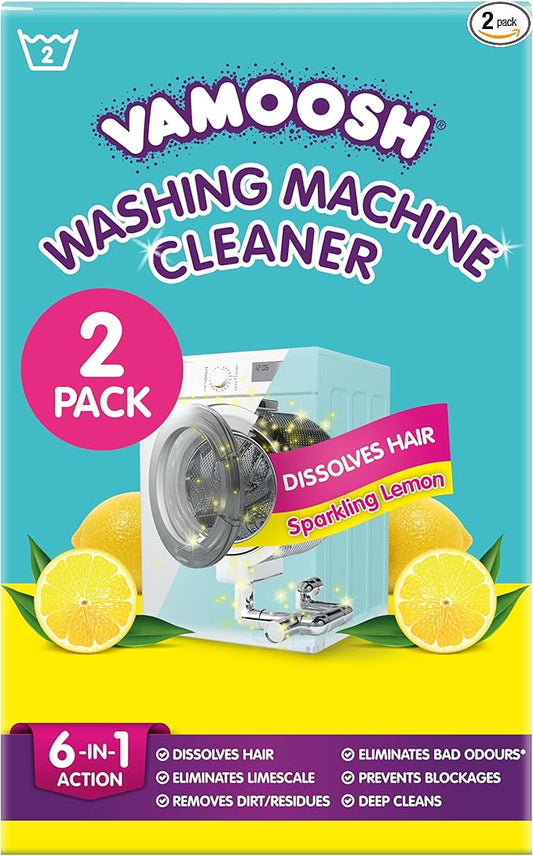 Vamoosh 6-in-1 Washing Machine Cleaner | Patented Pet Hair Dissolving Technology | Made in the UK | No Harmful Chemicals | Removes Limescale | Descales | Lemon Fresh Scent | 150g (Pack of 2)