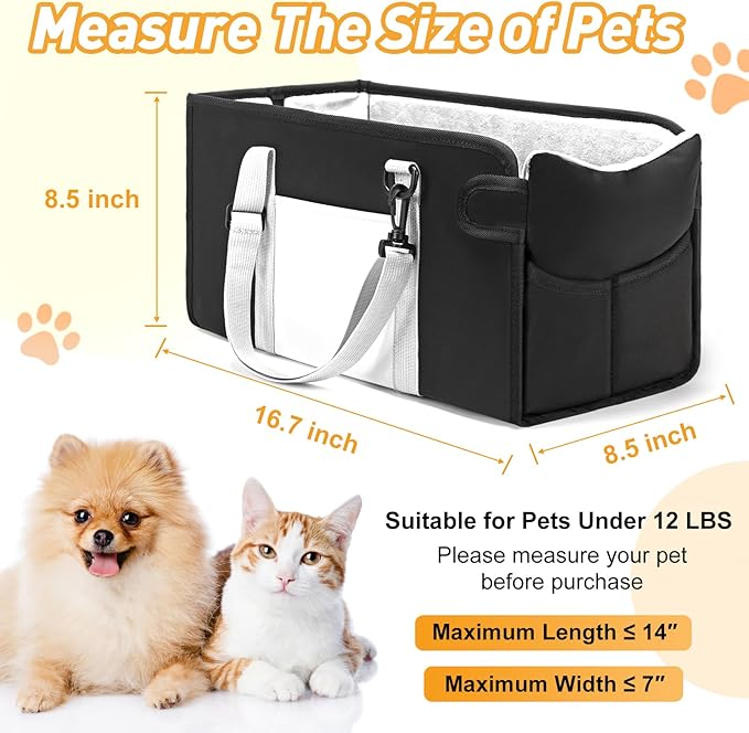 Portable Dog Car Seat for Small Dogs - Adjustable Safety Leash, Washable Cushion & Storage Pocket - Pet Booster Seat for Car Travel- Carbon Black