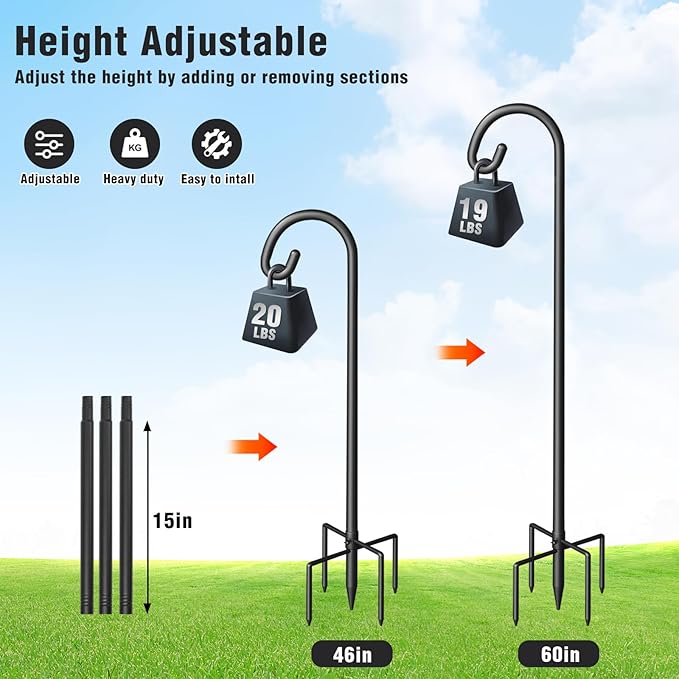 Shepherd Hook for Outdoor, Heavy Duty Bird Feeder Pole with 5 Prong Base, Adjustable Height Bird Feeder Stand Ideal for Hanging Bird Feeders, Plant, and Garden Decorations