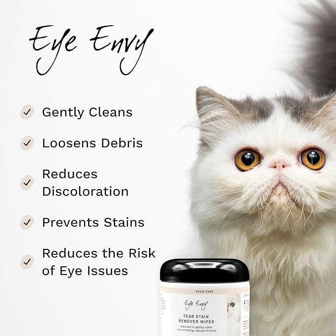 Eye Envy Tear Stain Wipes for Cats. Textured to Gently Clean, Treats The Cause of Staining. 100% Natural Formula. Recommended by Persian & Exotic Breeders, Vets, Groomers. USA Made. 60 Cat Eye Wipes