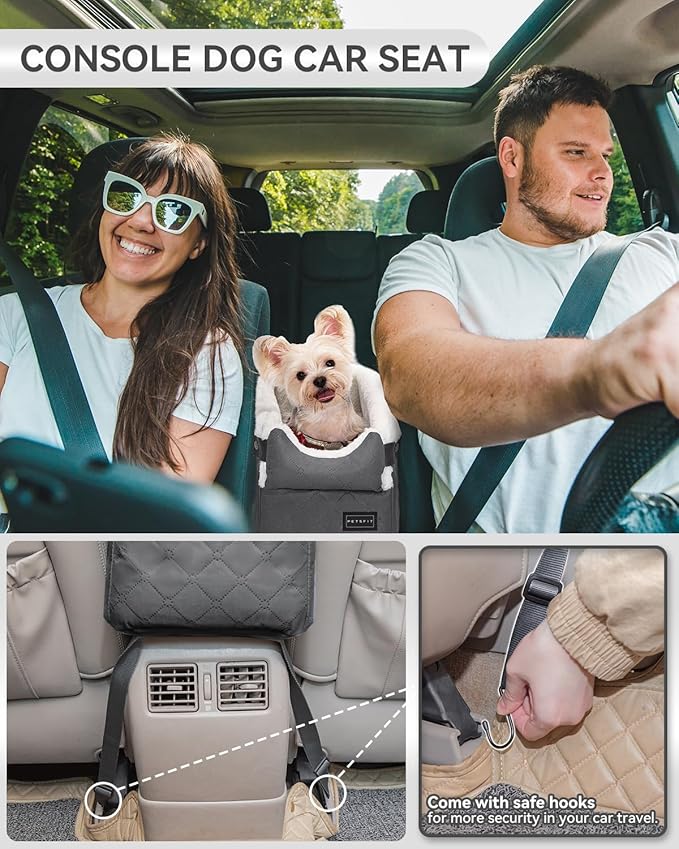 PETSFIT Center Console Dog Car Seat with Safe Protection Hooks, Pet Car Seat with Upgraded Safety Tethers, Washable Cushion, Console Dog Car Seats for Small Dogs Up to 8 Lbs (Grey)