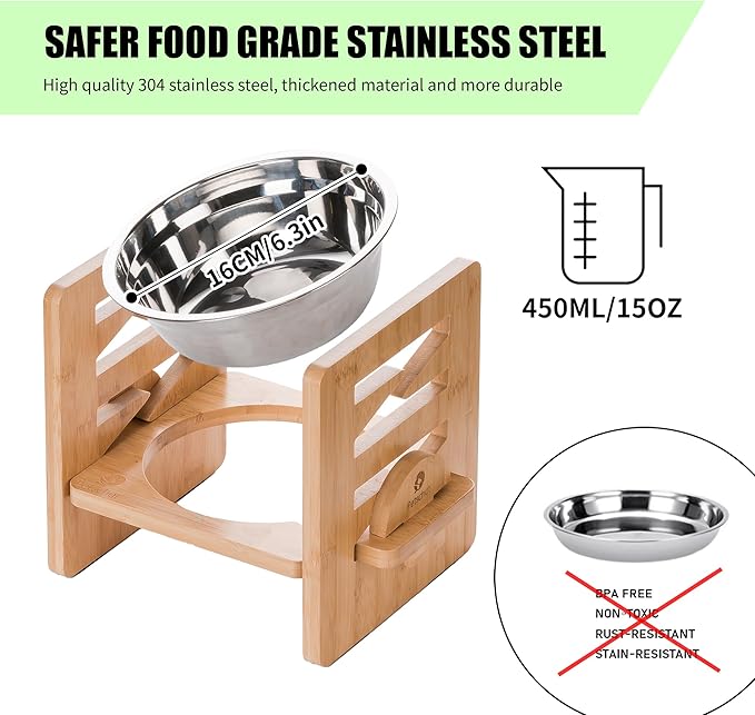 Elevated Dog Bowl, 6 Heights Adjustable Raised Dog Bowl 2.4″-6.7″, with Food Grade 304 Stainless Steel 15 OZ, Bamboo Dog Bowl Stand for Small & Medium Dogs Cats, 1 Pack