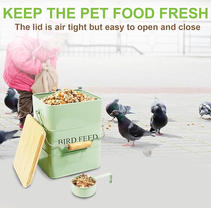 Metal Bird Seeds storage container,Outdoor Bird Food Container Canister, Pet Food Bin with Wooden Lid/Handle/Food scoop,hold 5-6 Lbs of Wild Bird Seed Sunflower Seed-Preventing Squirrels-Green