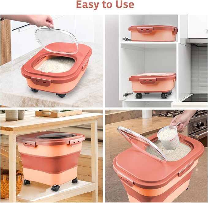 Rice Storage Containers, Collapsible 20 to 30Lbs Food Storage Bin Dispenser with Rolling Wheel and Clear Airtight Lid, BPA Free Flour, Sugar, Cereal and Dog Cat Pet food Containers