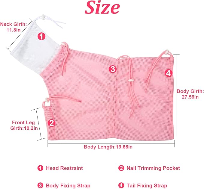 Breathable Mesh Shower Bag - Anti Scratch Adjustable Grooming for Nail Trimming, Bathing - Polyester Soft Cat Washing (White-Pink)