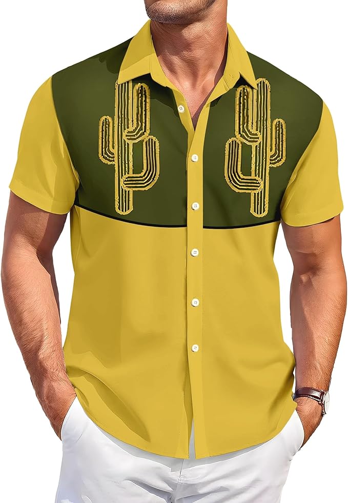 Men’s Hawaiian Shirt Western Cowboy Symmetrical Print Short Sleeve Button Down Casual Beach Holiday Summer Shirt