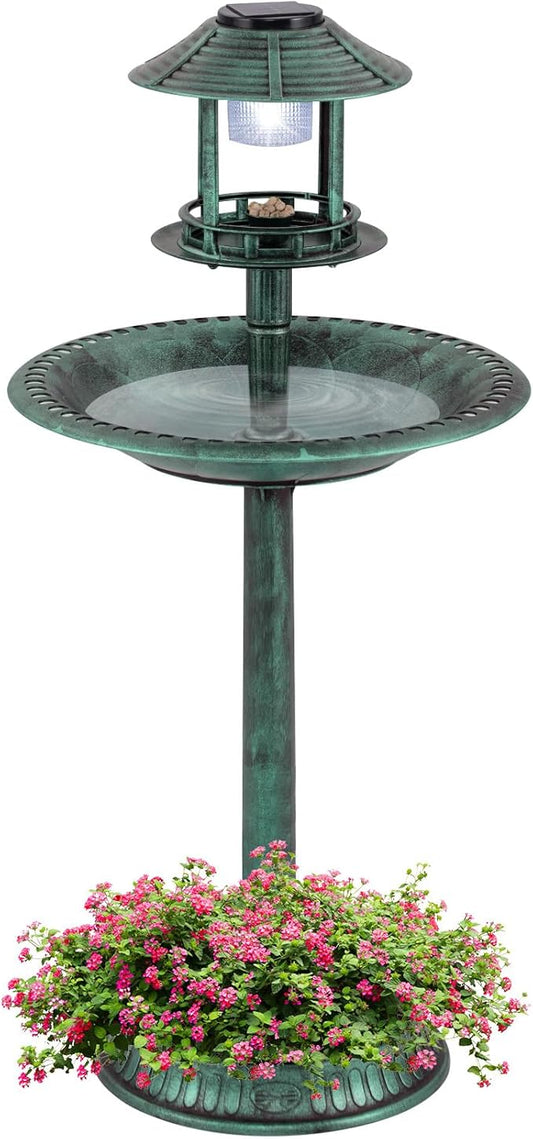 LDAILY Outdoor Bird Bath, 42'' Solar Lighted Pedestal Birdbath with Bird Feeder, 20'' Water Bowl, Flower Planters and 3 Stakes, Attract Birds, Antique Finish