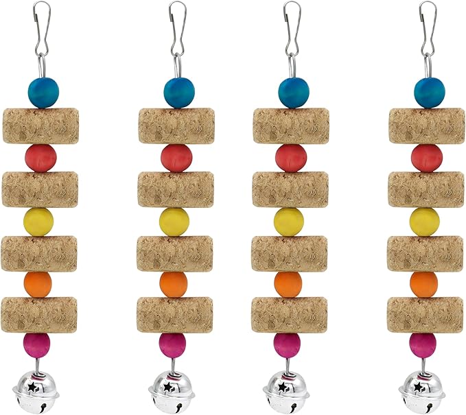 4Pcs Bird Chewing Toy, Parrot Cork Gnawing Skewers With Bell, Hanging Colorful Wooden Bead Cockatiels Beak Trimming for Birdcage (Four Packs-Bell Parrot Toy)