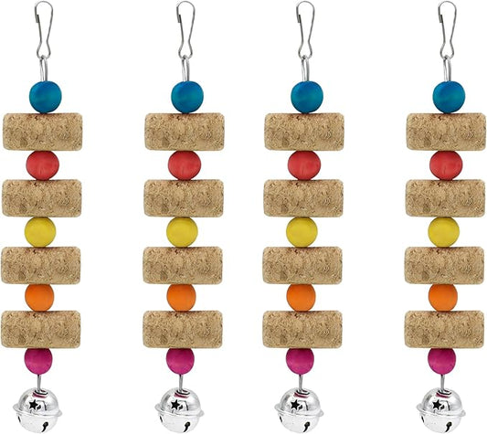 4Pcs Bird Chewing Toy, Parrot Cork Gnawing Skewers With Bell, Hanging Colorful Wooden Bead Cockatiels Beak Trimming for Birdcage (Four Packs-Bell Parrot Toy)