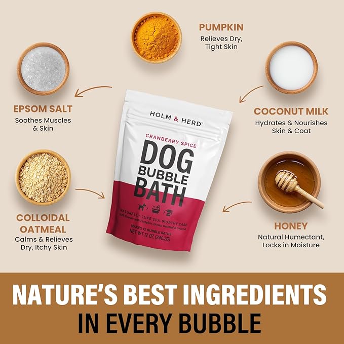 Dog Bubble Bath Shampoo Alternative – Cranberry Spice with Oatmeal, Honey & Coconut, Natural Pet Spa Soak, Gentle Puppy Wash, Dog Gift - 12 Baths (Cranberry Spice)