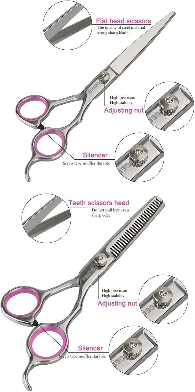 GEMEK Pet Cat Dog Grooming Scissors Set 4 Pieces Stainless Steel Professional Pet Trimmer Kit - 7.5 inch Straight Cutting, Thinning Shears, Curved, Grooming Combs