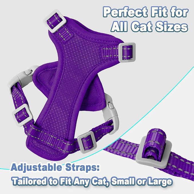 Cat Harness and Leash Set Escape Proof for Kitten Walking, Soft Adjustable Top Handle Vest Harnesses for Cats, Easy Control Breathable Reflective Small Medium Large, Purple, S