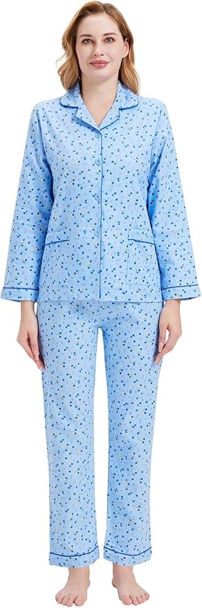 GLOBAL Flannel Pajamas for Women 2-Piece Comfy and Cozy Flannel Pj Set Cotton Loungwear