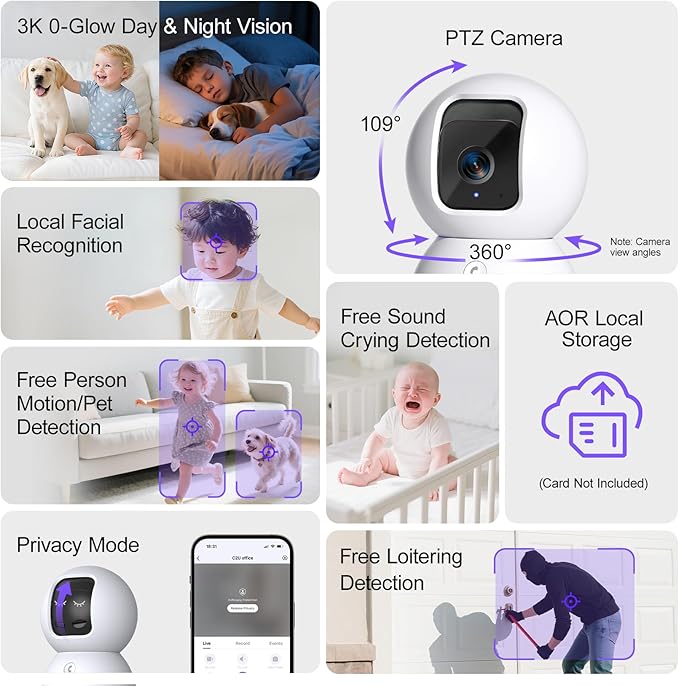 5G Security Camera Indoor 2-Pack, No-Monthly-Fee AI Tracking Facial Recognition, 3K Pet/Dog Camera with Speaker/Phone App, PTZ WiFi Baby Monitor Cameras for Home Security, 0-Glow Night Vision