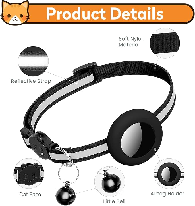 2 Pack Airtag Cat Collar with Bell, Reflective Nylon Kitten Collar with Apple Air Tag Holder and Breakaway Safety Buckle for Puppy Girl Boy Cats, 3/8" in Width and Lightweight, Black/Yellow