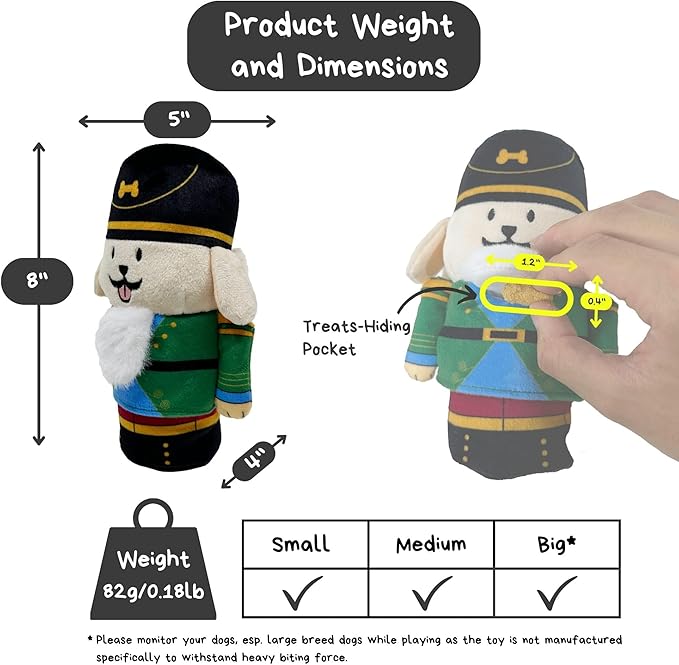 Nutcracker Treat-Dispensing Soft Plush Squeaky Pet Toy - Christmas/X’Mas Festive Enrichment Gift, Durable Cute&Fun Toy for Interactive Play,Hide Food for Nose-Work Puzzle, Small Medium Dogs