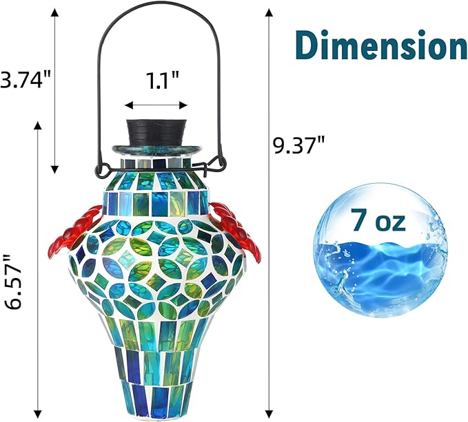 VOREEN Mosaic Glass Hummingbird Feeders for Outdoors Hanging, Hand Blown Hummingbird Feeders, Porch Garden Backyard Decor, Decorative Gift for Mom Wife Friend, 2pcs, Blue and Red