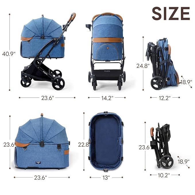 Pet Stroller with 4 Wheels, 3 IN 1 Folding Puppy Strollers for Small/Medium Dogs & Cats up to 55lbs, Lightweight Pet Travel Carrier with Detachable Carrier/Storage Basket, One Click Folding, Navy Blue