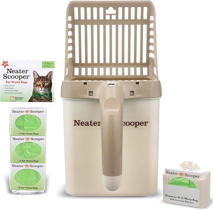 Neater Pet Brands Neater Scooper Standard Cat Litter Scoop, 60 Refill Bags – Mess-Free Cat Litter Scooper with Bag, Spill-Proof Kitty Box Sifter, Bin Doubles as Scoop Holder, For Single-Cat Households