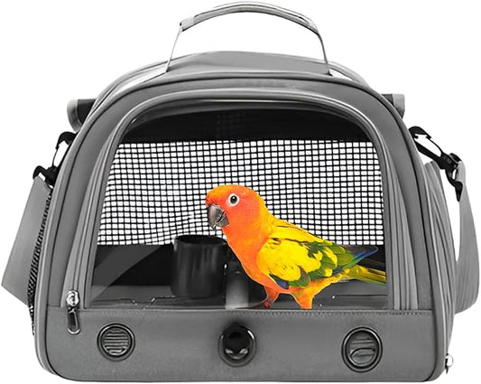 Bird Backpack,with Feeder Cups Tray Perch Portable Breathable Bird Carrier,for Small Birds Parrots Cockatiels (Gray)