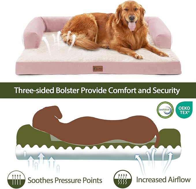 Orthopedic Dog Beds for Large Dogs, Waterproof Dog Beds, Memory Foam Dogs Couch Beds, Comfy Bolster Pet Beds with Removable Washable Cover, Nonskid Bottom (Large,Pink)