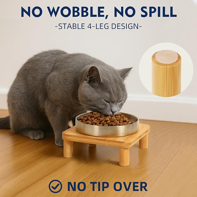 Elevated Cat Bowls for Indoor Cats – Raised Bamboo Cat Bowl Stand with 5.5" Wide Stainless Steel Dishes, Pet Food Table Plate for Easy Feeding, Whisker Friendly (Silver,Set of 2)