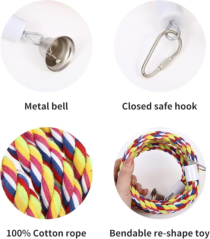 2Pcs 43'' Bird Rope Perches Birdcage Swing Toys 100% Cotton Natural Bird Perch Peck/Chewing with Bell Climbing Standing Bungee Parrot Toys for Small to Regular Size Parrot Cockatiel Birds