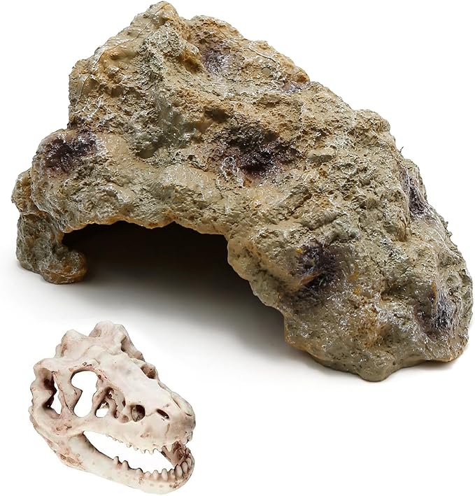 Anxingo Reptile Rock Reptile Cave Hideout for Snakes/Geckos/Lizards/Turtles and Other Amphibians, with Dinosaur Skull (Small)