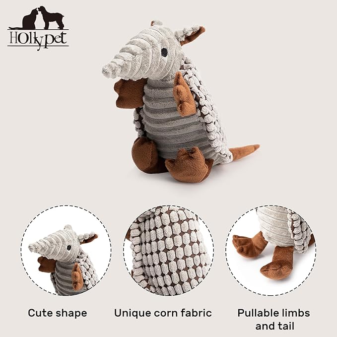 Hollypet Plush Dog Squeaky Toy Stuffed Armadillo Animal Pet Puppy Chew Toys with Clean Teeth for Small Medium Large All Breed Sizes Dogs, Gray, 8 in