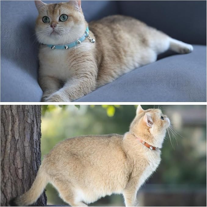 Spiked Cat Collar with Bells, Breakaway Genuine Leather Protective Collar for Kitty, Studs Spikes Punk Style Adjustable for Girl Boy Kittens Small Bunny Rabbit, 8"-9.5" Blue