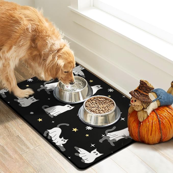 Halloween Dog Food Mat for Floors - Absorbent, Quick Dry, Non-Slip Bowl Mat for Pet Food and Water - Cat and Dog Accessories