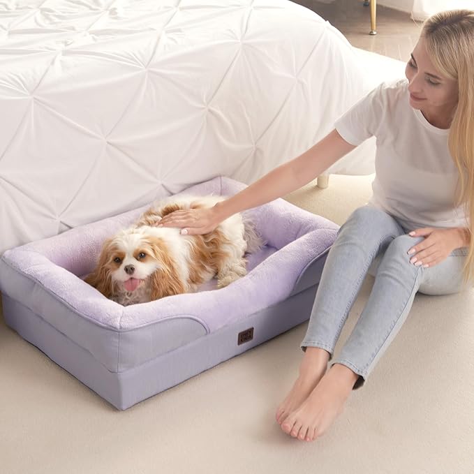 EHEYCIGA Memory Foam Dog Bed for Large Sized, Orthopedic Dog Sofa with Sides and Waterproof Liner, Washable Bolster Pet Couch with Removable Cover, 41x27x7.5 Inch, Purple