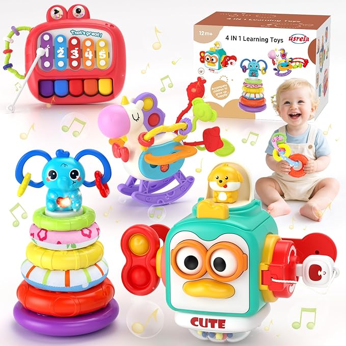 4 in 1 Baby Toy for 6 9 12 18 Month, Learning Toys for Babies 6-12 Months, Baby Busy Cube, Stacking Sorter, Pull String & Piano Xylophone Travel Toy, Birthday Gift for 1 2 Year Old