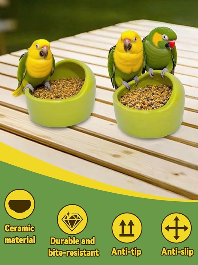 2 Pcs Ceramic Bird Food Bowls Parakeet Cage Water Bowl Birds Feeding Dish Parrot Water Feeder for Cage with 2 Plastic Feeding Clips for Parakeets Conure Cockatiels Lovebird Budgie (Green)