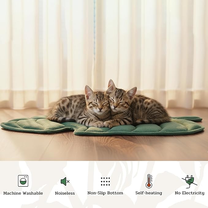 NWK Green Leaf Shaped Self Warming Cat Bed Mat, Thermal Dog Mat Cat Pad, Washable, Non-Slip Bottom for Sofa & Crate & Kennel & Car Seat (Green Leaf, Medium (25.5'' X 19''))
