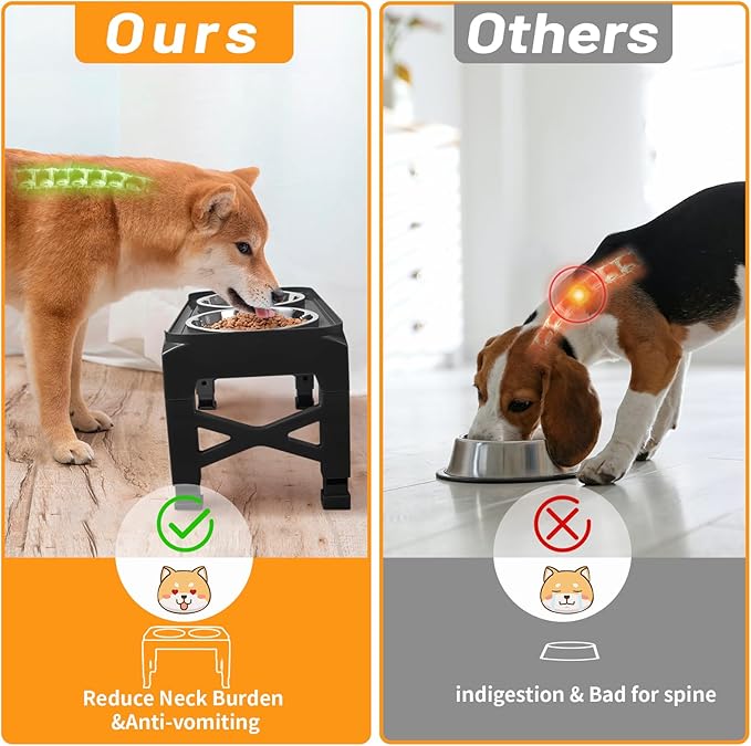 Hubulk Elevated Dog Bowls with 2 Stainless Steel Dog Food & Water Raised Bowls with No Spill Edge Non-Slip Stand Adjusts to 3 Heights(2.75", 6.0", 7.5") for Small Medium Dogs and Pet