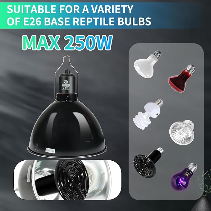 Reptile Light Fixture with Dimming Thermostat, 8.5 Inch Deep Dome Light Fixture with Timer, Reptile Aluminum Dome Fixture for Basking/Heat/UVA/UVB Lamp Bulb