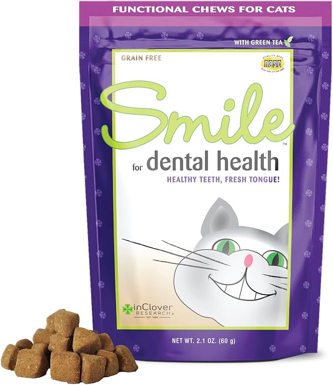 Smile Daily Dental Health Soft Chews for Cats, Support Healthy Teeth and Fresh Tongue with Catnip and Green Tea, Prebiotics, and Chlorophyll for Fresh Breath