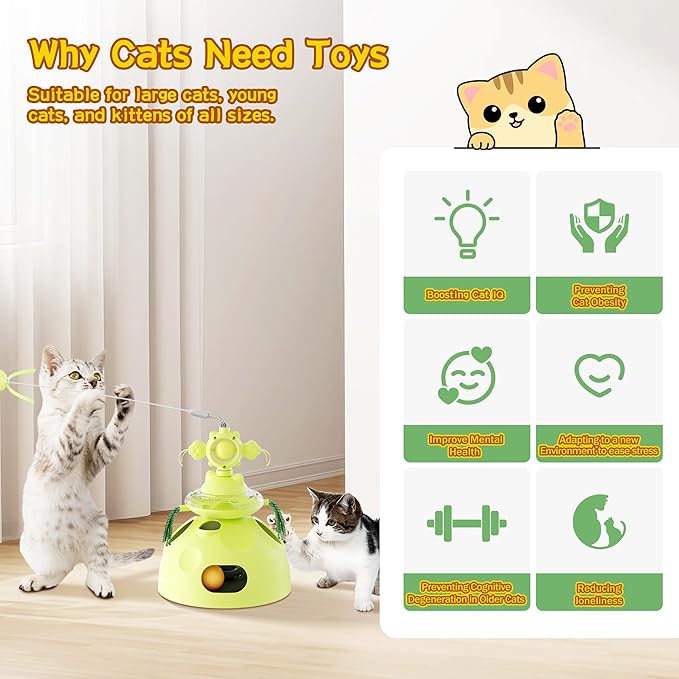 4-in-1 Cat Toys, Interactive Cats Toy with Track Balls, Fluttering Feathers, Slow Food Dispenser, Fun & Engaging Cat Toys for Bored Indoor Cats, Durable & Safe (Green)