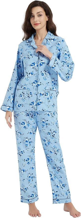GLOBAL Flannel Pajamas for Women 2-Piece Comfy and Cozy Flannel Pj Set Cotton Loungwear