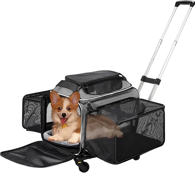 Airline Approved Top-Expanding Pet Carrier on Wheels- Extra Spacious Soft Lined Carrier! 18x11x11 (Grey, Expanding Sides)