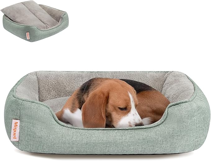 Miguel Faux Linen Dog Bed with Removable Cushion Pillow for Medium Small Dogs, Washable Pet Bed with Side Easy to Wash Puppy Bed, Rectangle Cat Bed for Indoor Cat with Anti-Slip Bottom, Green 30 Inch