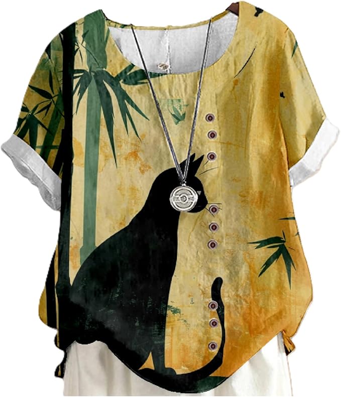 Japanese Print Women Summer Shirts Flower Bird Graphic Plus Size Tunic Tops Crewneck Short Sleeve Blouses