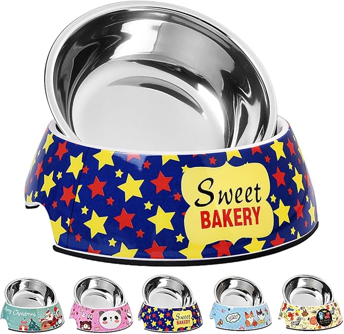 Pet Cats Dog Bowls - Non Slip Skid Proof Cartoon Pattern Heavy Duty Pet Cats Dog Food Water Bowls for Feeding Small Dogs Puppies Cats Kittens - Cartoon Stars-S