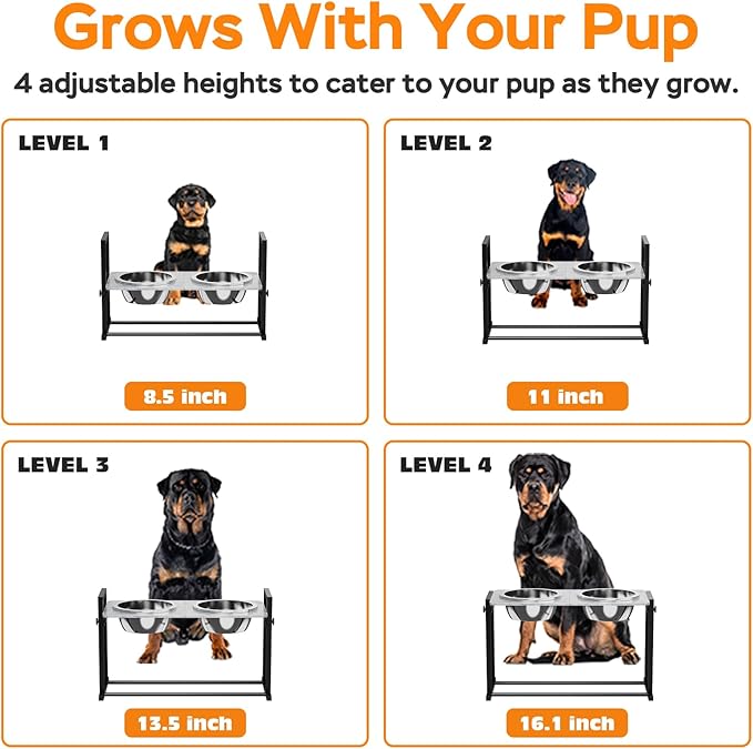 Elevated Dog Bowls for Extra Large Dogs, 4 Height Adjustable Tilted Raised Dog Bowl Stand with 2 Stainless Steel 3L Bowls, 16.1" Tall Dog Feeder for Giant Breed